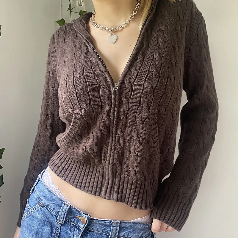 Sweats à capuche en tricot à fermeture éclair complète pour femmes, pulls décontractés, cardigan zippé PVD, vêtements Y2K, cardigan de proximité à