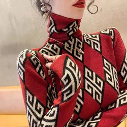 Women Clothing Red Turtleneck Geometric Knit Pullover Autumn Winter Fashion All-match Slim Long Sleeve Sweater Lady Chic Y2k Top