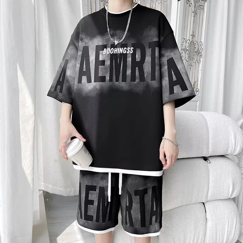 

Men's Versatile Youthful Artistic Summer Fashion Short Sleeve T-Shirt And Shorts Set Five-Quarter Sleeve Top Five-Quarter Pants
