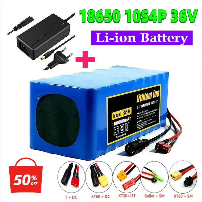 

10S4P 36V 100Ah Battery Pack 500W 750W 1000W High Power 42V Solar Panels Suitable for 36V Motor Wiht BMS/30A Fuse+Charger