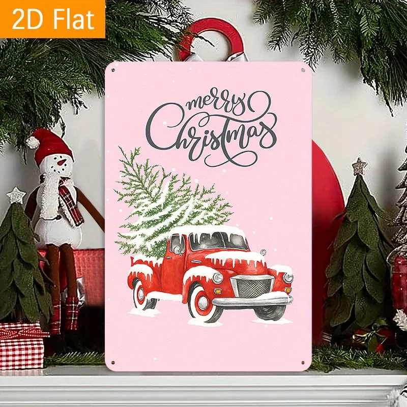 Vintage Red Christmas Truck Tin Sign - Retro Holiday Decor with Evergreen Tree, Durable Metal Wall Art for Home, Living Room, C