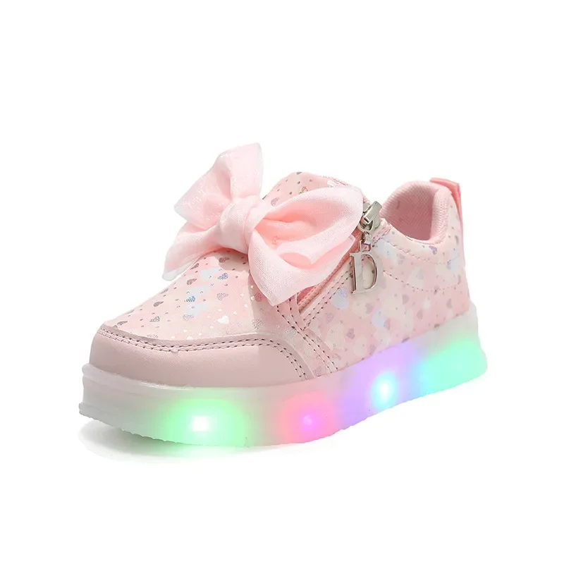 LED Girls Shoes Girls Cute Bow Kids Sneakers Fashion Luminous Sole Children Casual Shoes Zipper Student Walking Shoes Кроссовки