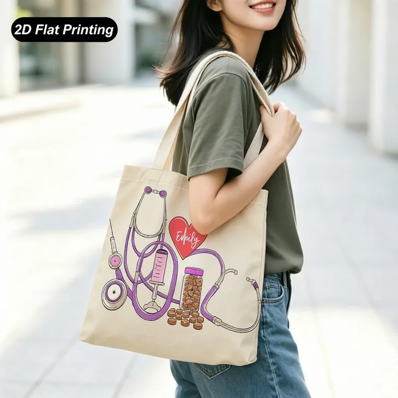 1PC【Tote Bag】2DFlat effect New large-capacity tote bag，Cartoon stethoscope with heart pattern，Size15.7in*13.8in，Suitable sho