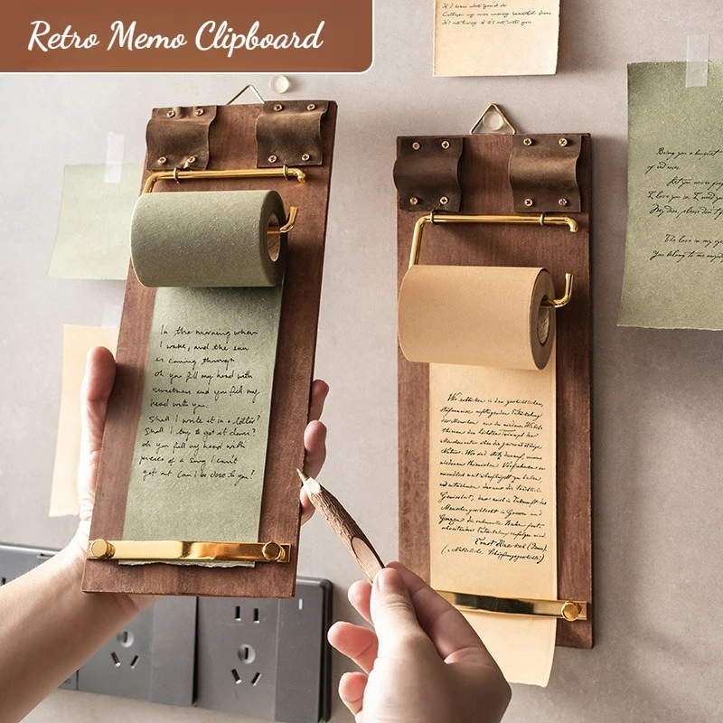 Retro & Ins Style Wooden Memo Clipboard, Hangable Non-Adhesive Rolled Notes, Blank for Notes & Messages memo pad