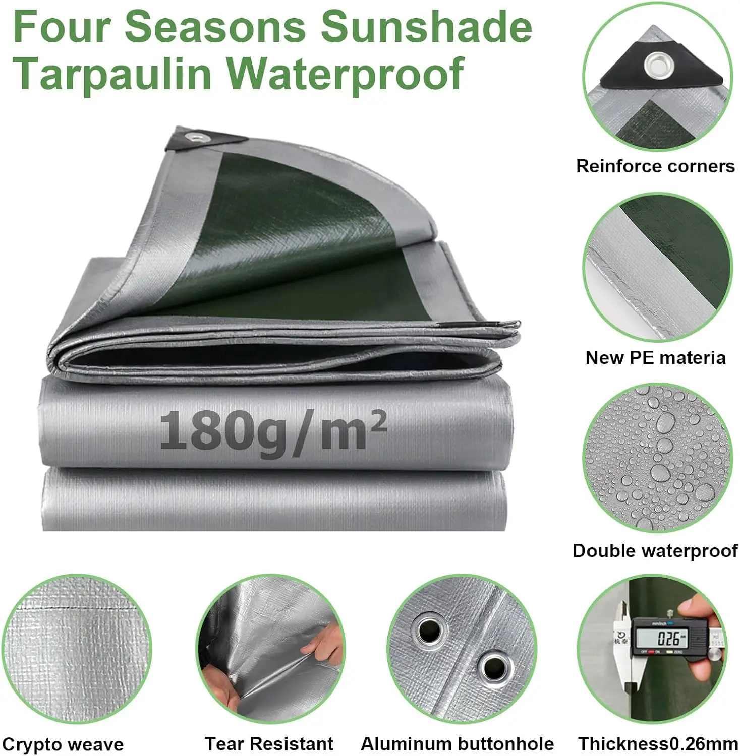 Plane, wasserdicht, 180 g/m2, PE-Schutzplane, UV-beständig, reißfeste Abdeckung für Gartenmöbel, Pool, Holz, Auto, Boot