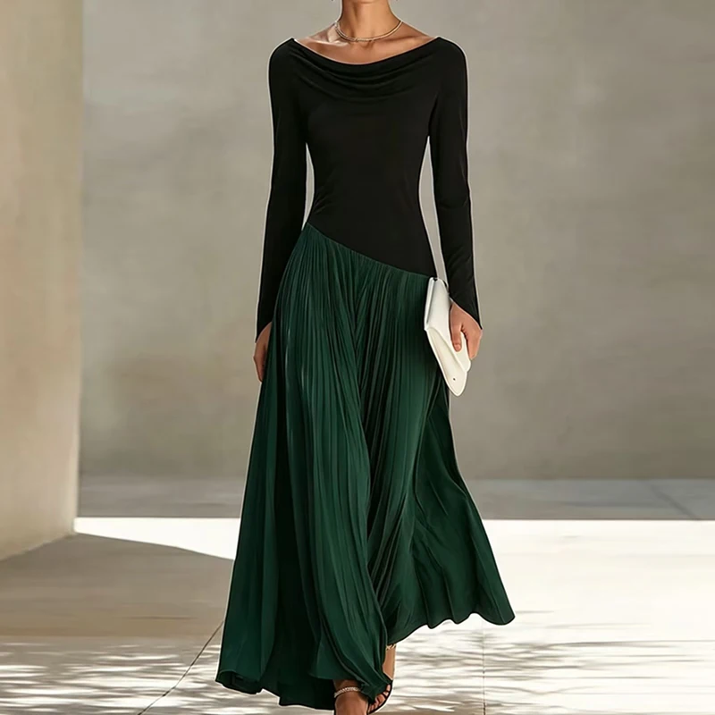 Casual O Neck Long Sleeved Commuting Dress Ladies Elegant Temperament Party Dresses Vintage Color Blocking Design Hem Long Dress