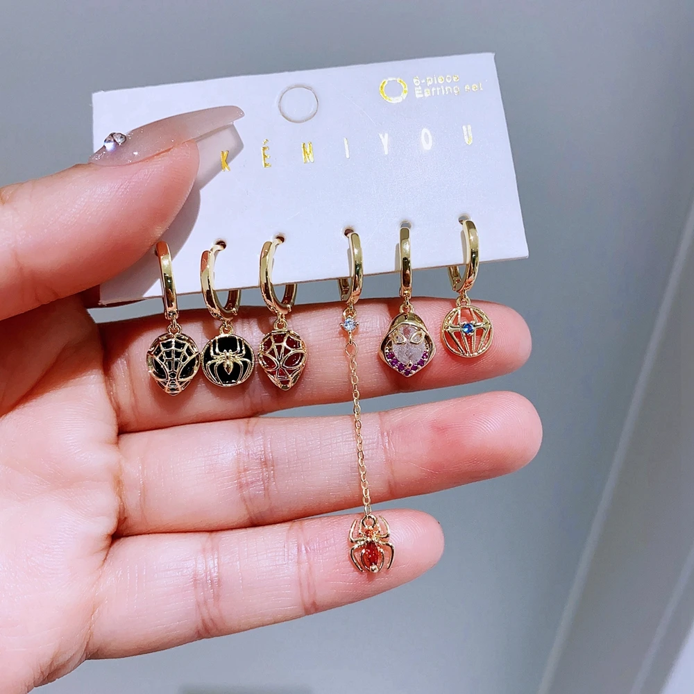 MIGGA 6pcs Mix and Match Hero Spider Dangle Earrings Set for Women Gold Color Cubic Zircon Jewelry