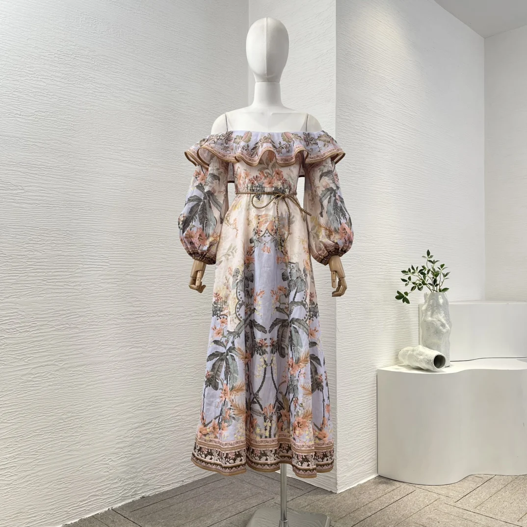 

Multi Color Floral Print Off The Shoulder Long Sleeve Ruffles Midi Dress 2025 High Quality New Fashion Style