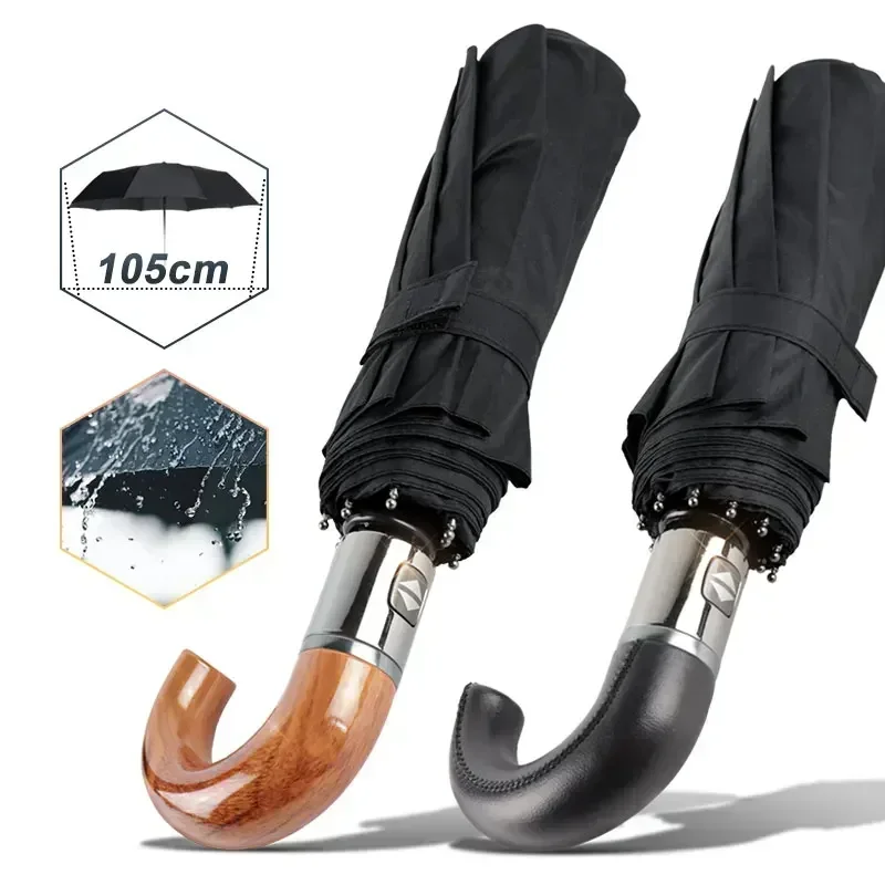 

British Leather Handle Umbrella Men Automatic Business 10Ribs Strong Windproof 3 Folding Big Umbrella Rain Woman Quality Parasol