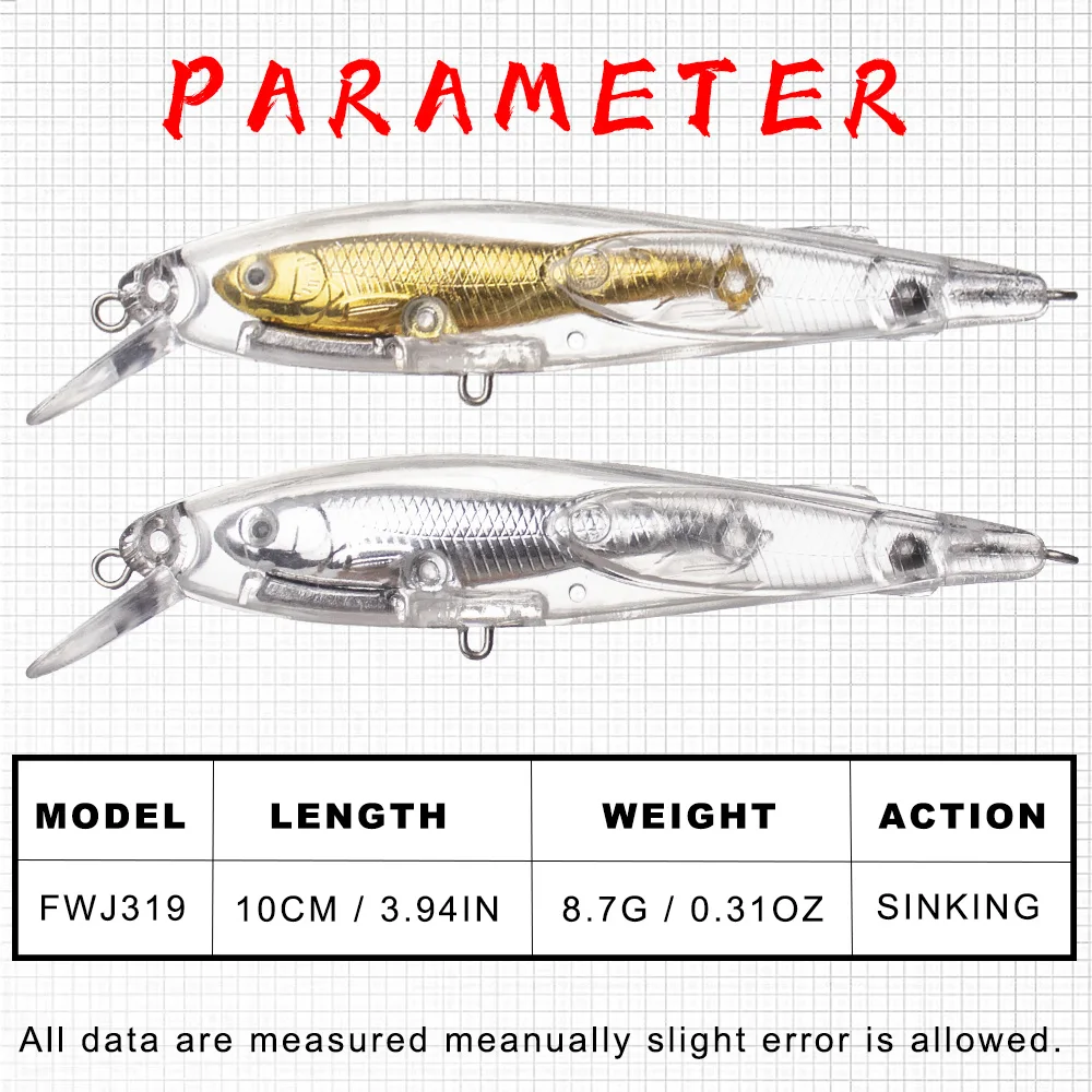 FISHWONG 20PCS Sinking Minnow Fishing Lure For DIY 10CM 8.7G Minnow Blanks For Bass Pike Tackle Unpainted Lures Fish Inside Lure