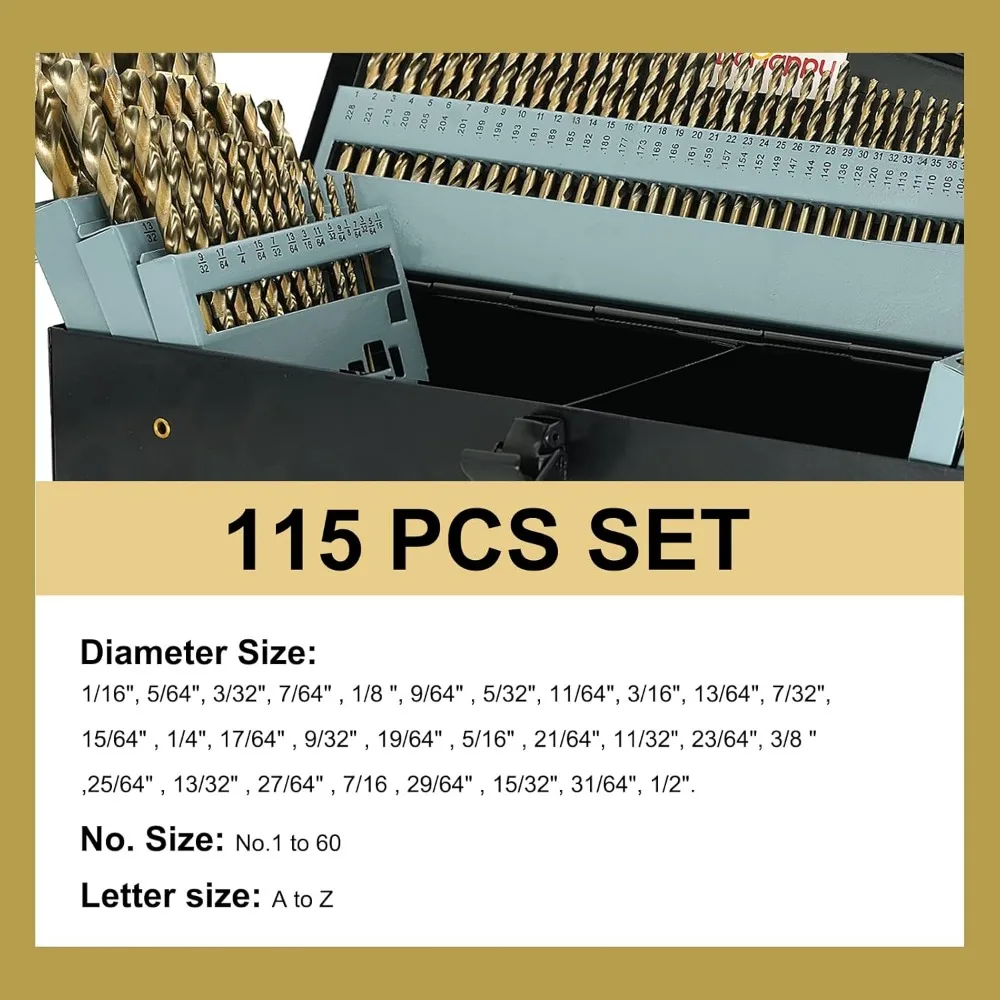ชุดดอกสว่านเหล็กความเร็วสูงโคบอลต์ 115 ชิ้นสำหรับโลหะ เหล็กหล่อ และสแตนเลส
