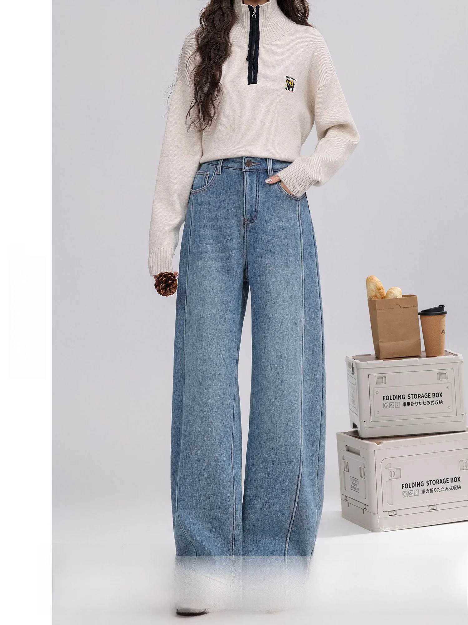 

Retro Fleece Lined Wide Leg Jeans Women's Loose Fit Versatile Denim Pants High Waist Zipper Closure Color Daily Wear