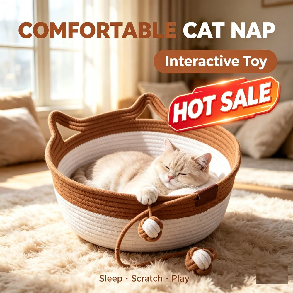 Cotton Rope Cat Basket Bed with Interactive Ball Woven Scratchable Sleeping Bowl for Indoor Cats Kittens Modern Home