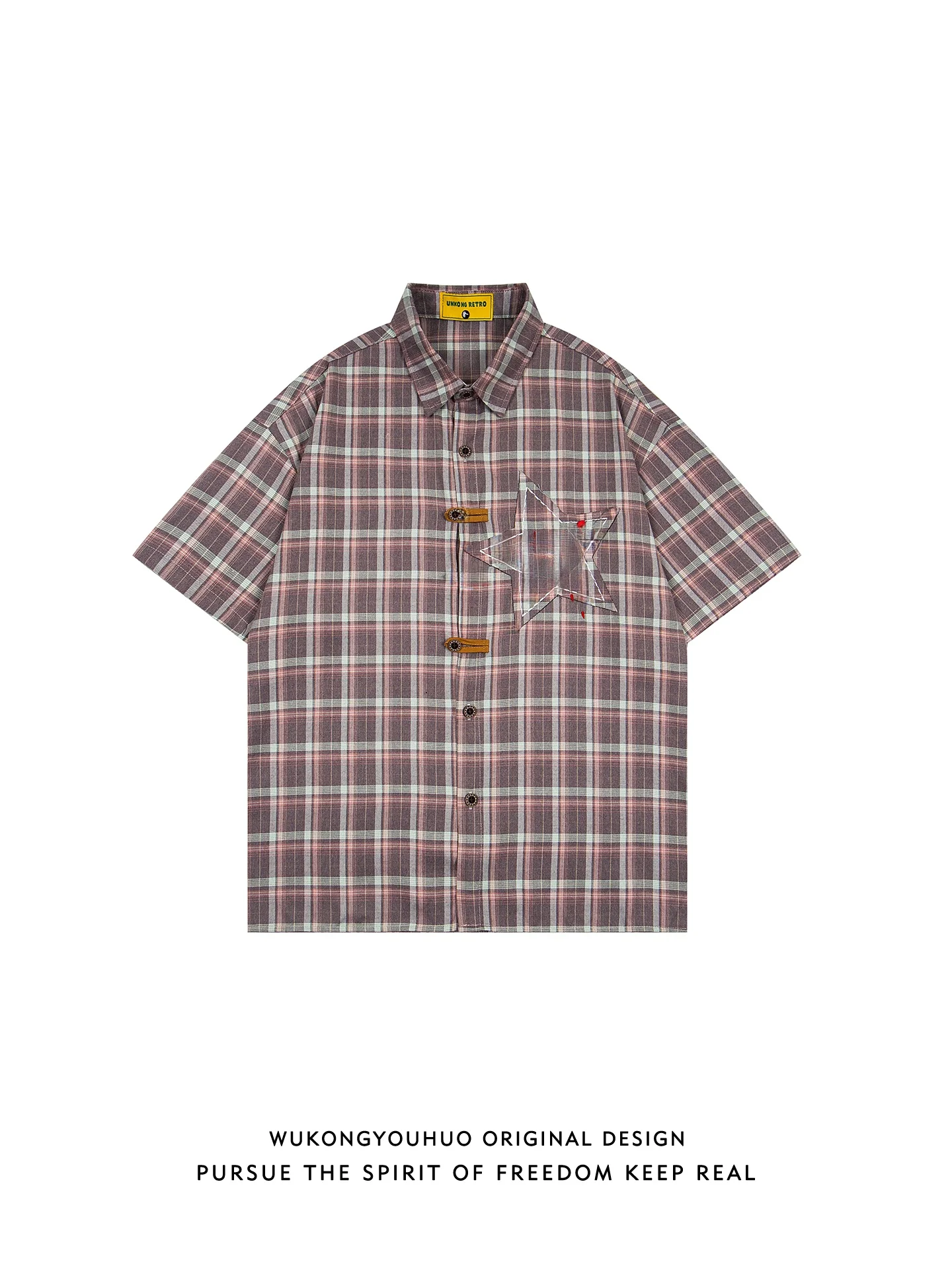 

Свободная рубашка с коротким рукавом в американском стиле, летняя, в клетку, с нашивкой в виде звезды, мужская повседневная одежда, парные комплекты, молодежная, популярная, с вышивкой