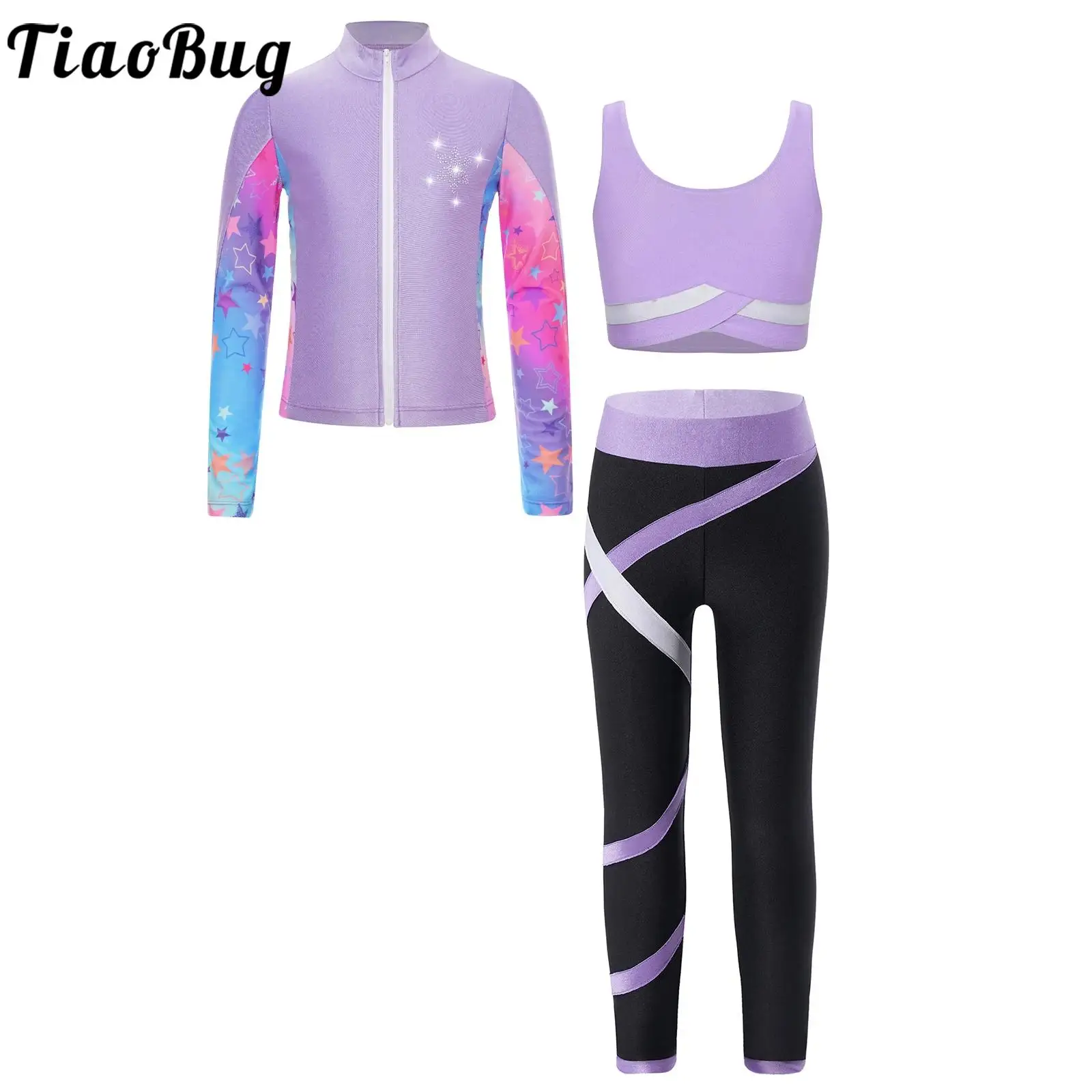 

Kids Girls Warm Figure Skating Tracksuits Athletic Yoga Workout Gymnastics Competition Training Jacket Tops Shorts Leggings Set