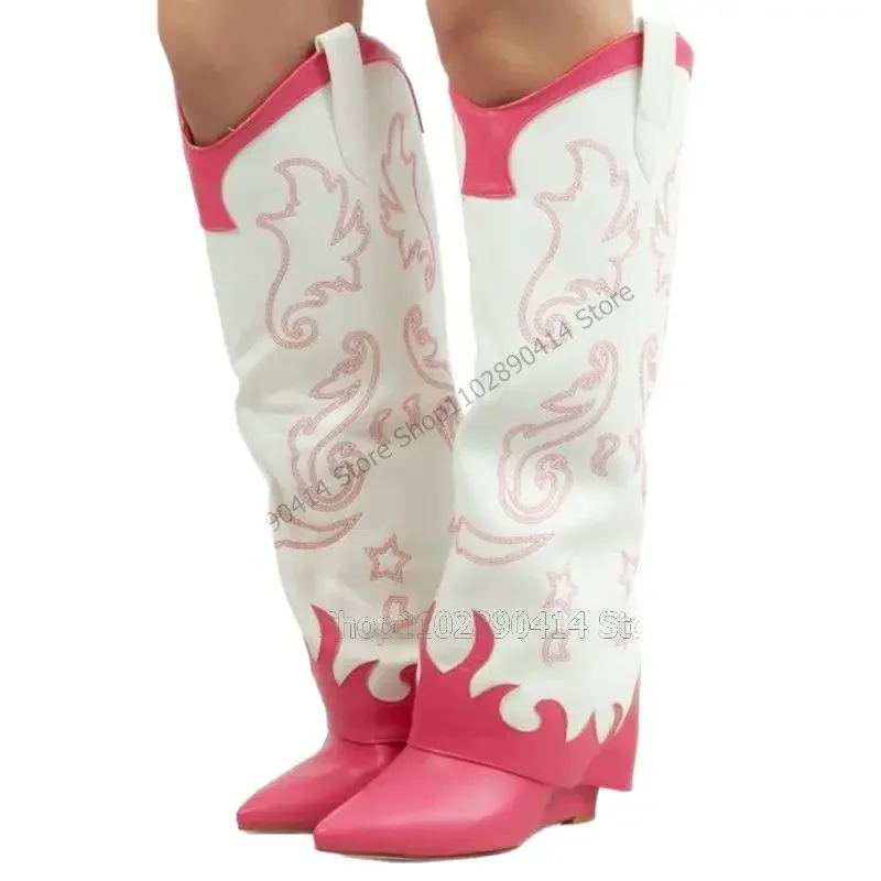 

Rose Red Totem Design Turned Over Pointed Toe Boots Slip On Women Shoes Wedges Heels New Fashion Runway 2023 Zapatos Para Mujere