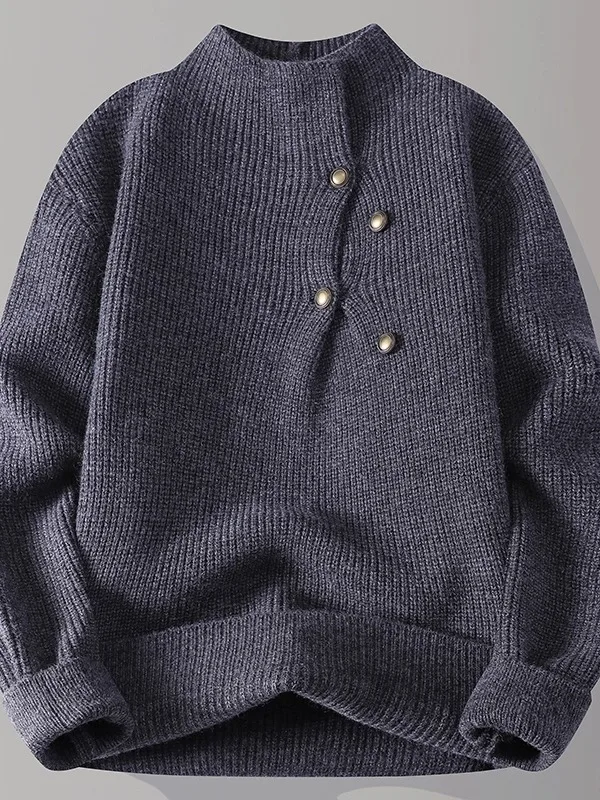 Maglione lavorato a maglia da uomo vestibilità ampia Casual Sle f Collo alto abbottonato Colore puro Inverno caldo fibra di poliestere Top lungo Sve