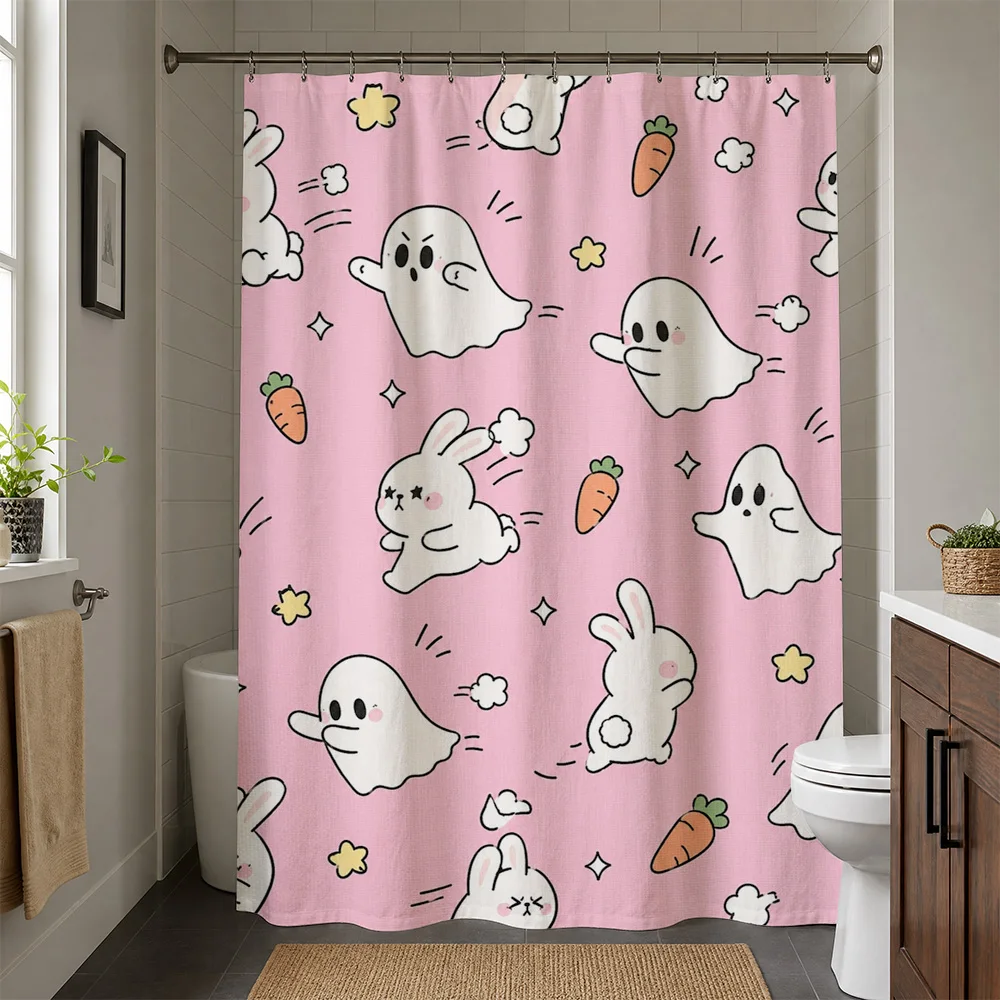 Cute Ghost and Bunny Pattern Shower Curtain Bathroom Decor Novelty Linens for Kids and Adults
