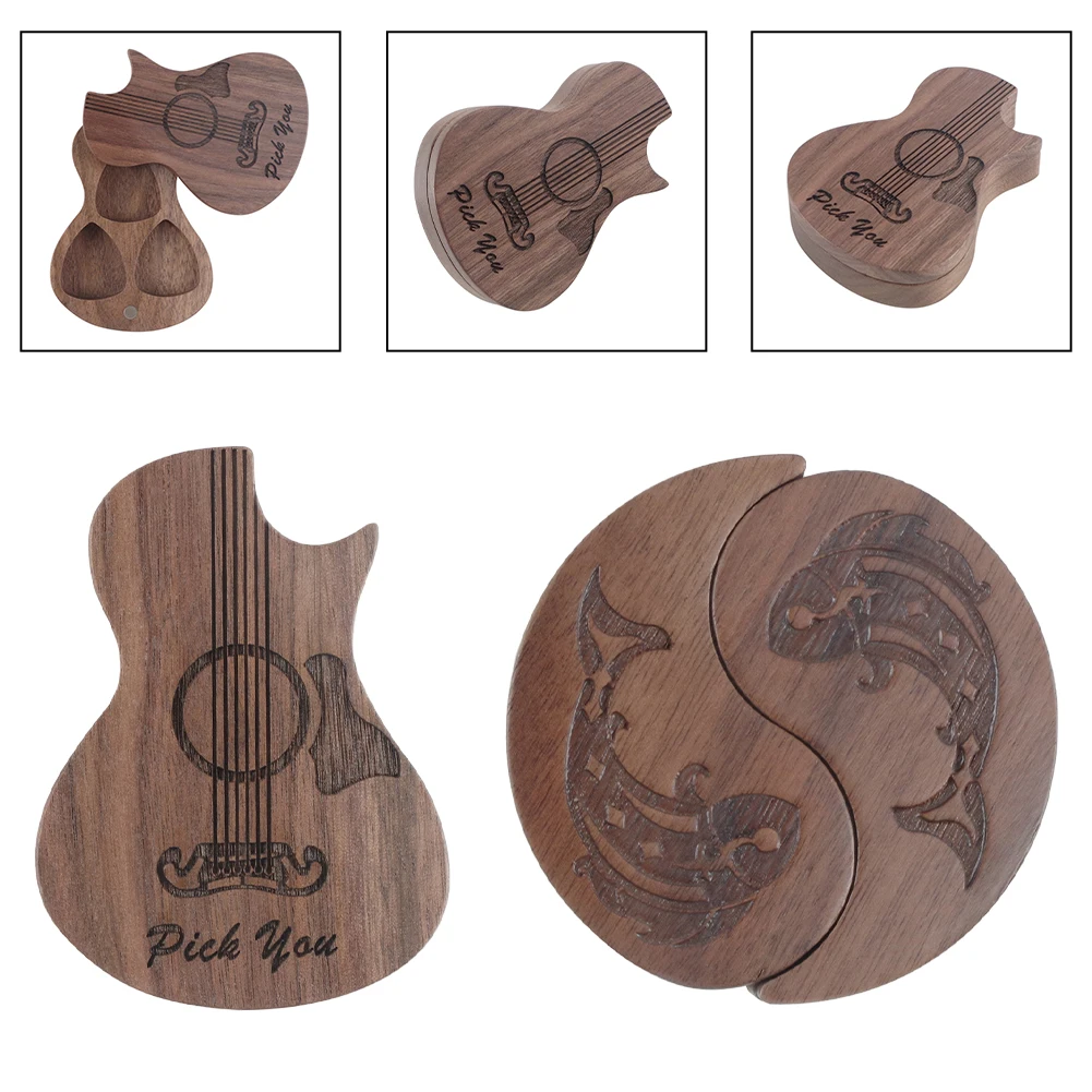 Wooden Tai Chi Guitar Pick Box With 2/3PCS Guitar Picks Guitar Pick Holder Case Stringed Instruments Accessories