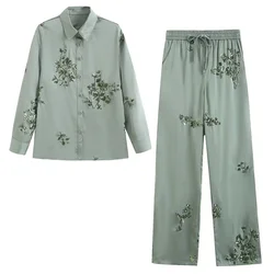 Zach Ailsa 2024 Spring New Product Women's Bead Decoration Silk Satin Texture Shirt Fashion High Waist Pants Casual Set