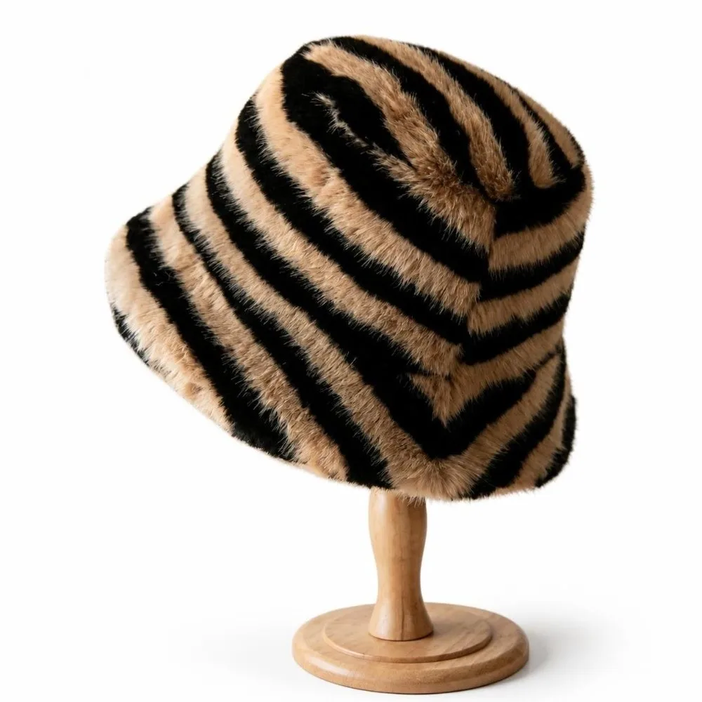 Warm Zebra Pattern Winter Bucket Hat Faux Fur Fluffy Bonnet Cap Ear Protection Thickened Basin Hat