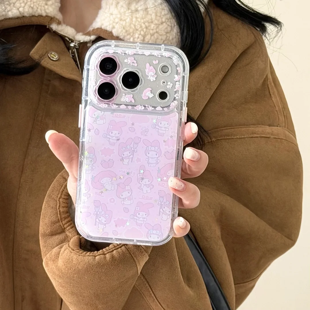 

Korean Full screen sweet Pink Bunny Pattern Phone Case for iPhone 13 14 15 17 16 Pro Max Glitter Lovely Camera Silicone Cover﻿﻿
