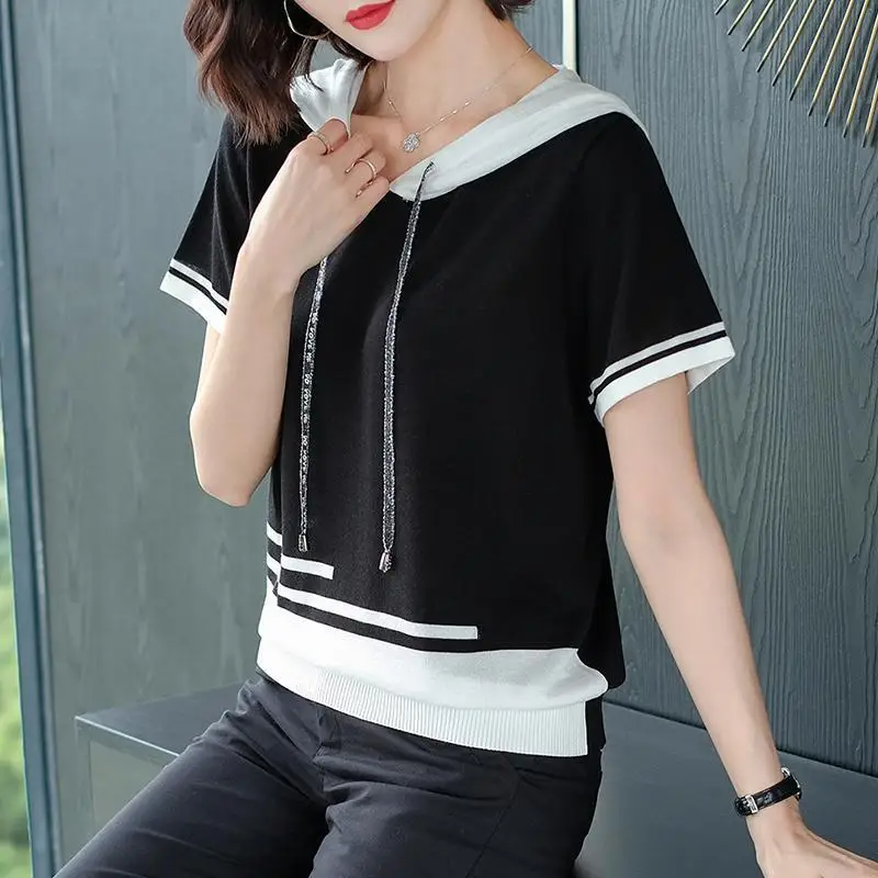 Women\'s Summer New Hooded Pullover Knitted Shirt Fashion Sweet T-shirt Contrast Spliced Versatile Casual Thin Short Sleeved Tops