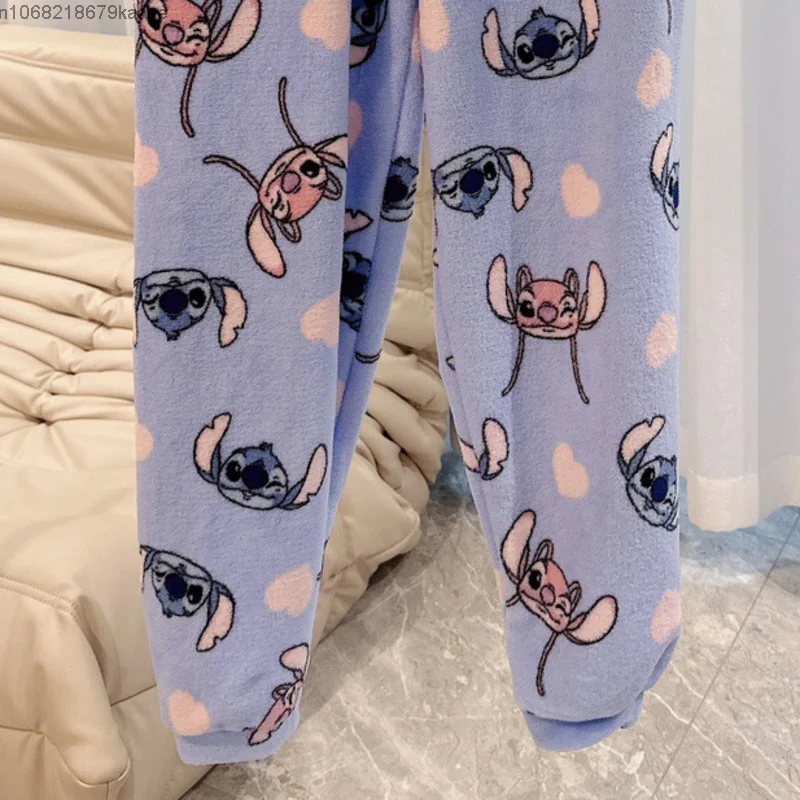 Stitch Cute Cartoon Print Coral Fleece Trousers Women New Casual Fashion Home Pants Autumn Winter Thick Warm Loose Pajama Pants