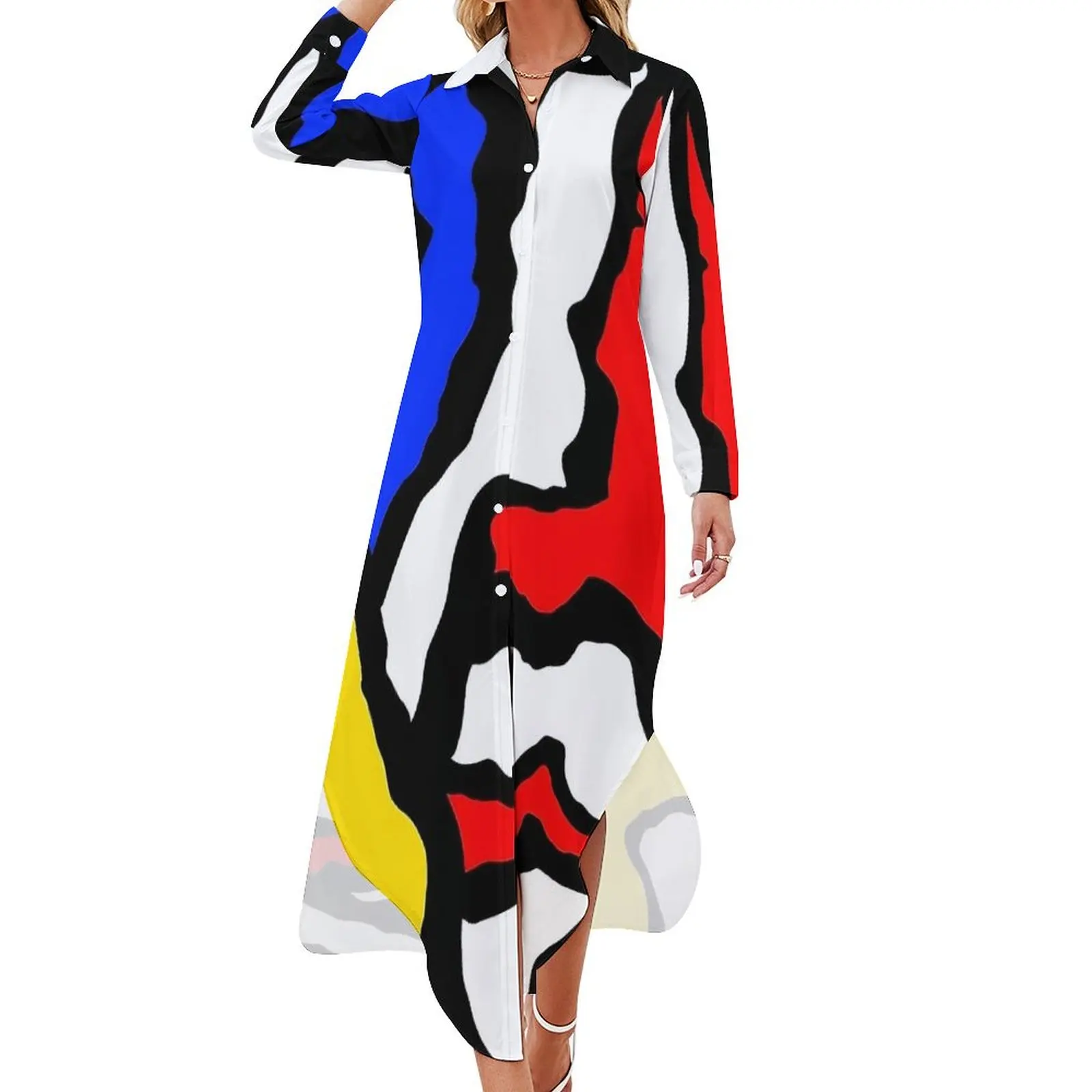 Mondrian Casual Dress Stripes Red Yellow and Blue Streetwear Dresses Sexy V Neck Chiffon Dress Long Sleeve Clothes 4XL 5XL 6XL