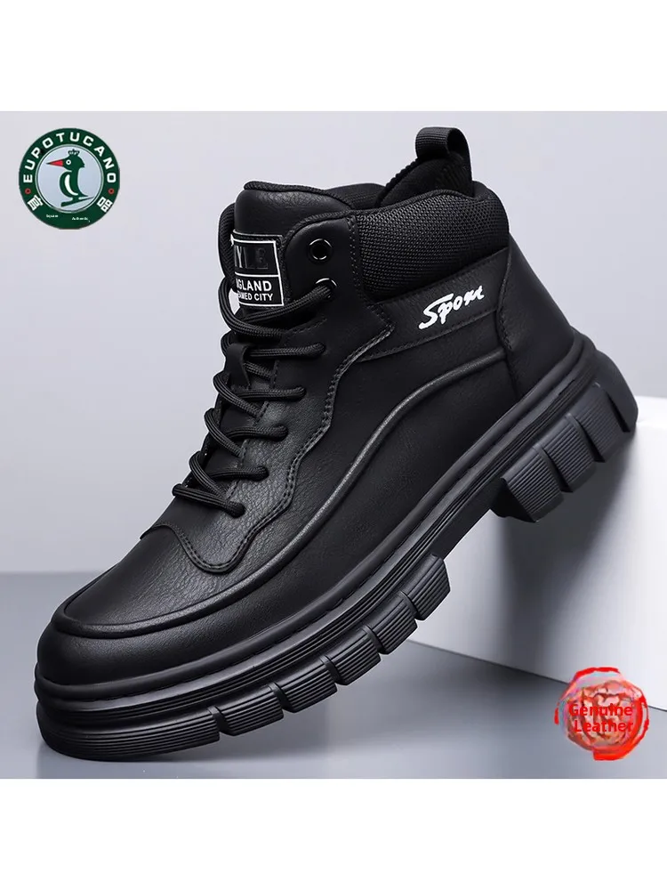 

Eurortucano Men's High Top Boots Winter Warm Fce Lined Leather Casual Anti-Slip Snow Boots Comfortable Breathable Cotton
