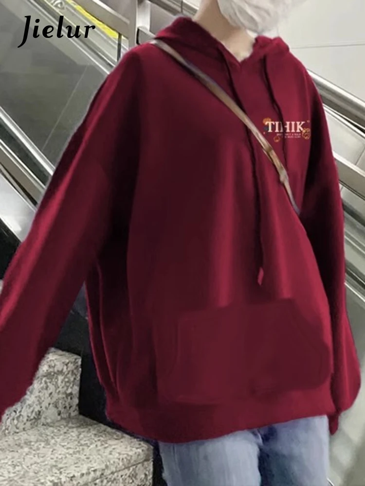 Jielur Wine Red Hooded Chic Drawstring Sweet Women Hoodies Fashion Solid Color Basic Pocket Simple Loose Casual Female Hoodies