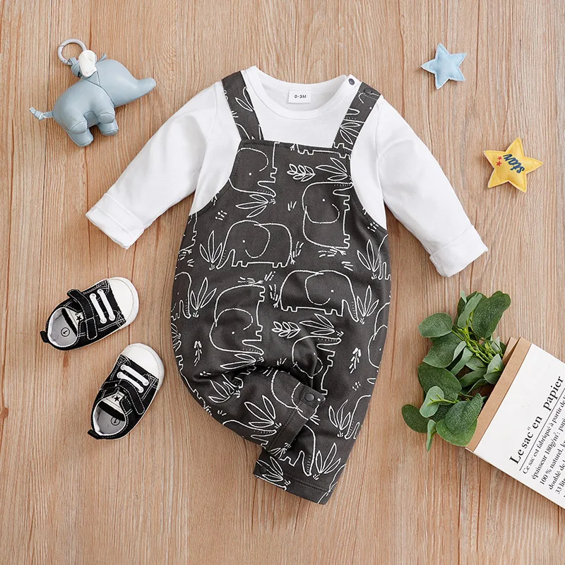 Spring And Autumn Boys And Girls Cute Cartoon Grey Elephant Fake Strap Cotton Comfortable Long Sleeve Baby Bodysuit