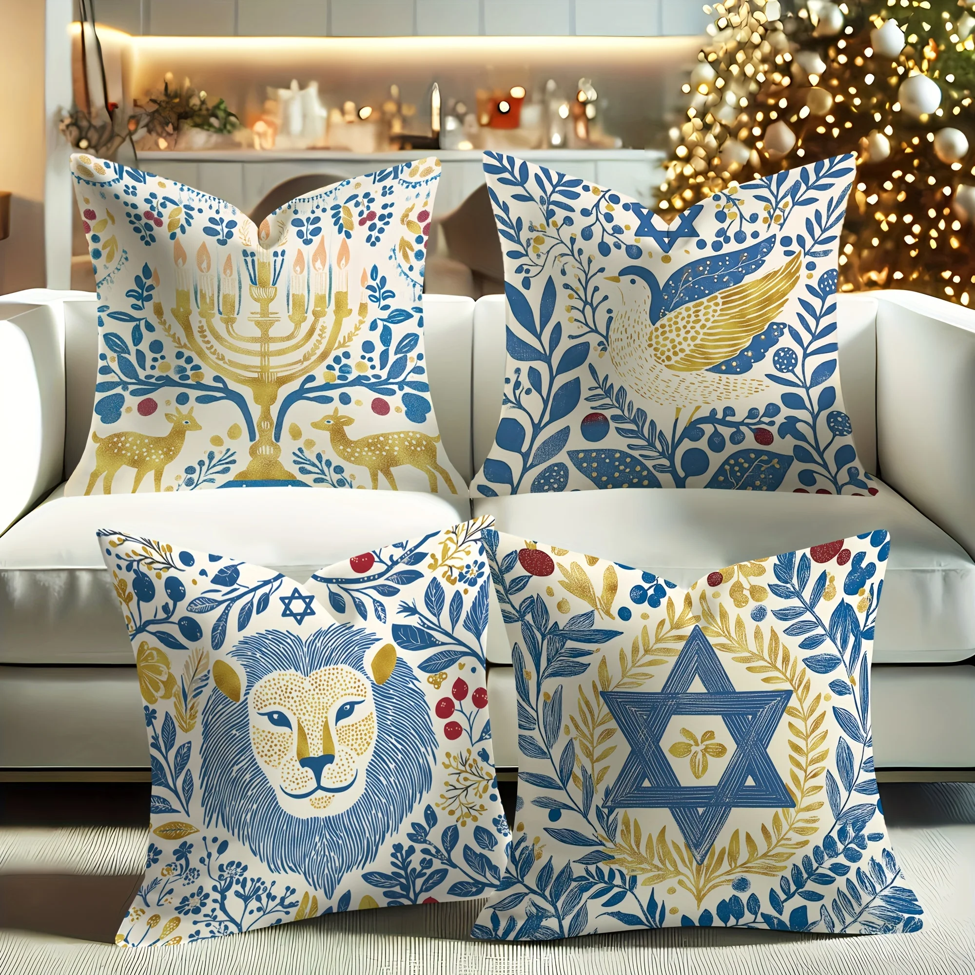 Jewish Throw Pillow Covers Set of 4 Menorah Star of David Lion of Judah Judaism Home Decor Cushions