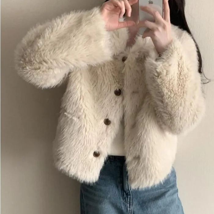 

Chic Korean Sle Women's Fur Coat Winter New Arrival Vintage Faion Warm Fluffy Versatile Outerwear Top Long Sve Commute...