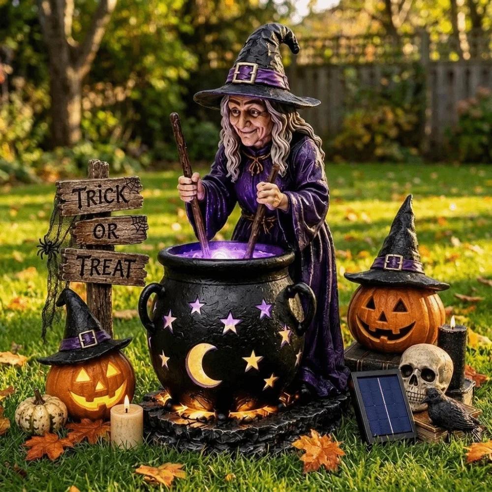 Resin Witch Cauldron Lamp Waterproof Moon Star Cutout Solar Garden Stake Light Warm Glow Stable Bottom Halloween Solar Light