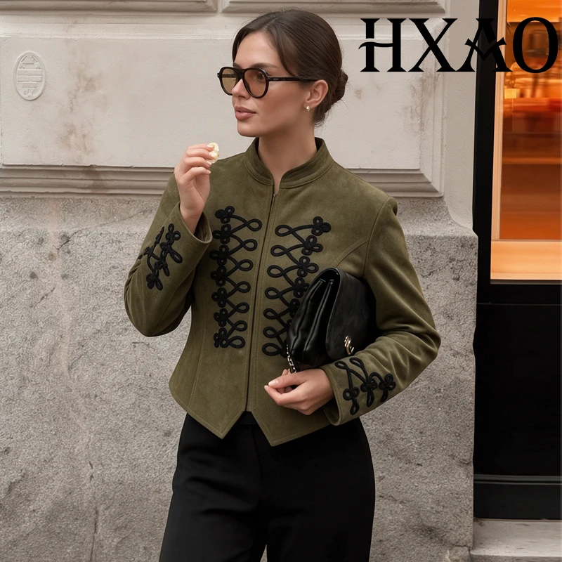 HXAO Green Women's Cropped Jacket Frog Knot Button Faux Suede Jacket Fitted Demi-Season Outerwear Military Style Long Sleeve Top