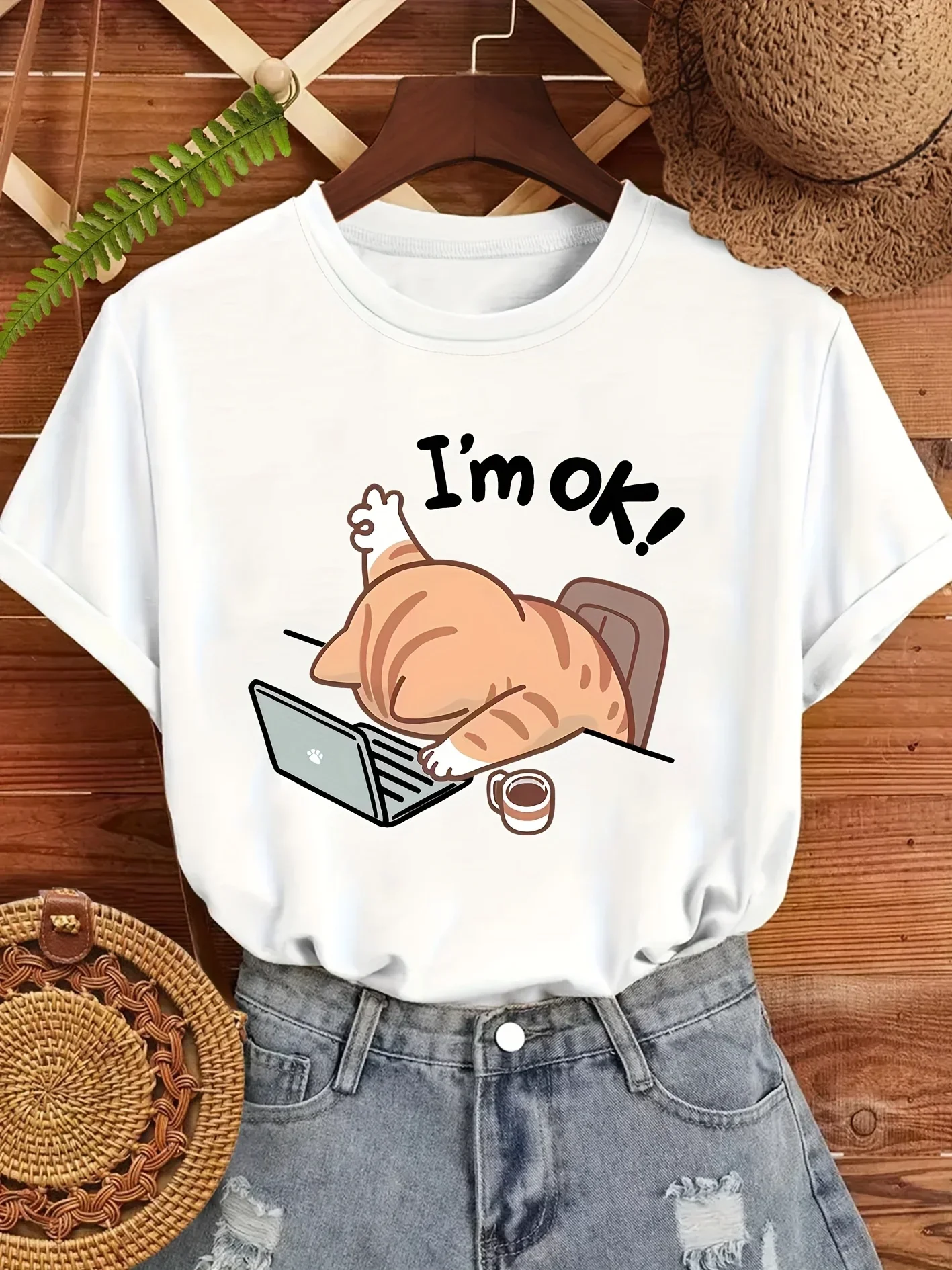 

Женская милая футболка с рисунком «I'm OK», повседневная футболка с круглым вырезом и короткими рукавами, стильная футболка с рисунком кота для спящего кота, футболка с принтом мультяшного кота