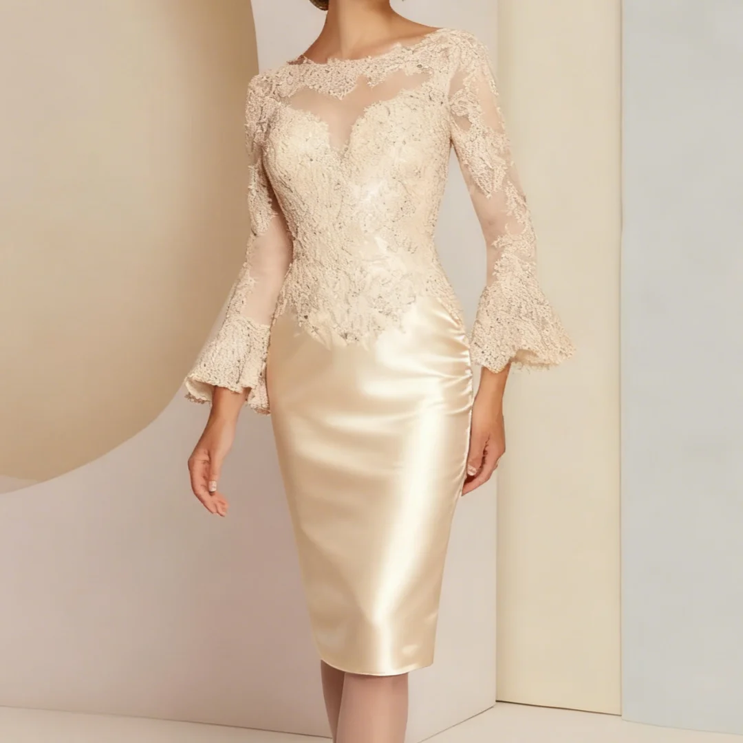 

Vintage Mother of The Bride Dresses Vestidos de Noite Champagne Party Gowns Robe Satin Short Evening Dress with Sleeves