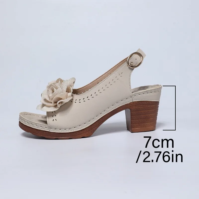 Fashion Flower Decor Square Heel Sandals Women Hollow Out Breathable Slingback Sandals Woman Summer Comfort Casual Beach Shoes