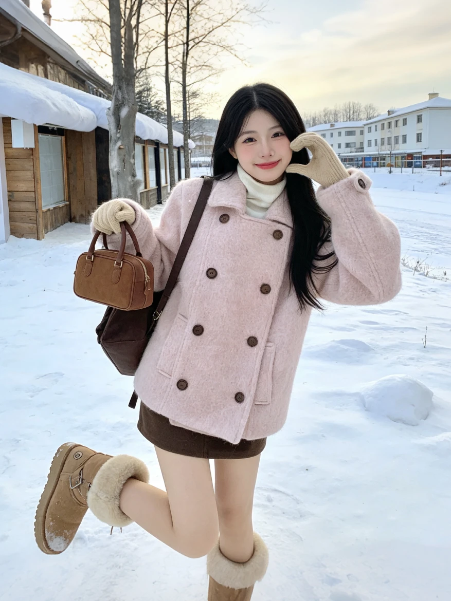 

Корейское двубортное розовое шерстяное пальто с откидным воротником, женское утягивающее талию, осенне-зимнее элегантное шерстяное пальто