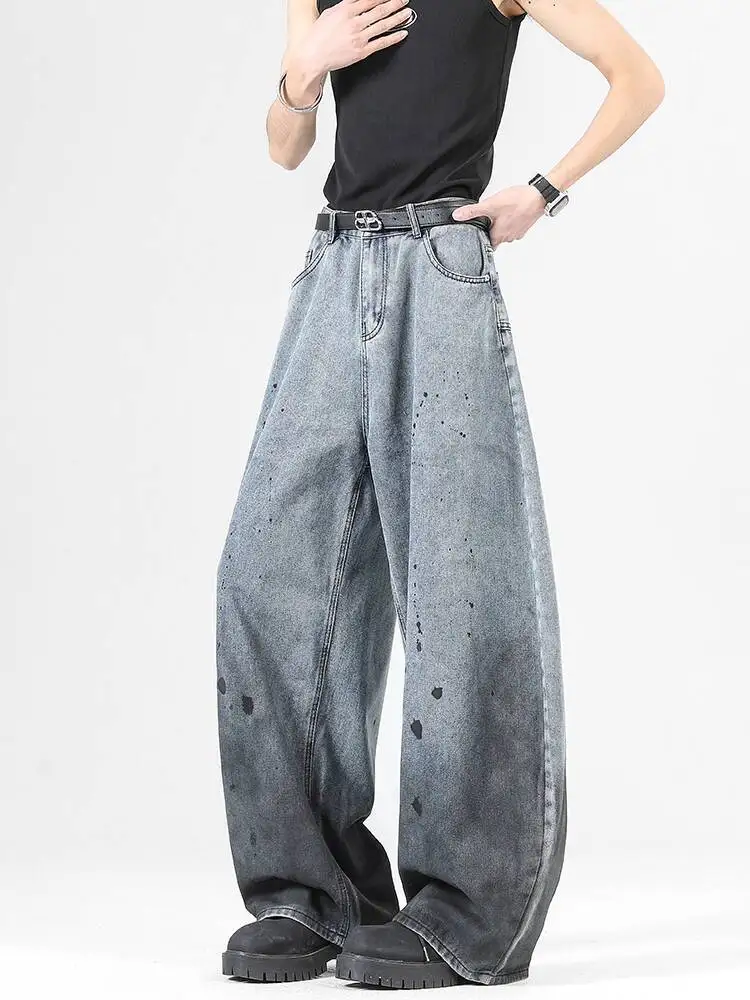 رجل الجينز 2025 الخريف جديد الرجال التدرج ترشيش الجينز ريترو الشارع فيبي منحني شفرة فضفاضة بنطال ذو قصة أرجل واسعة #3