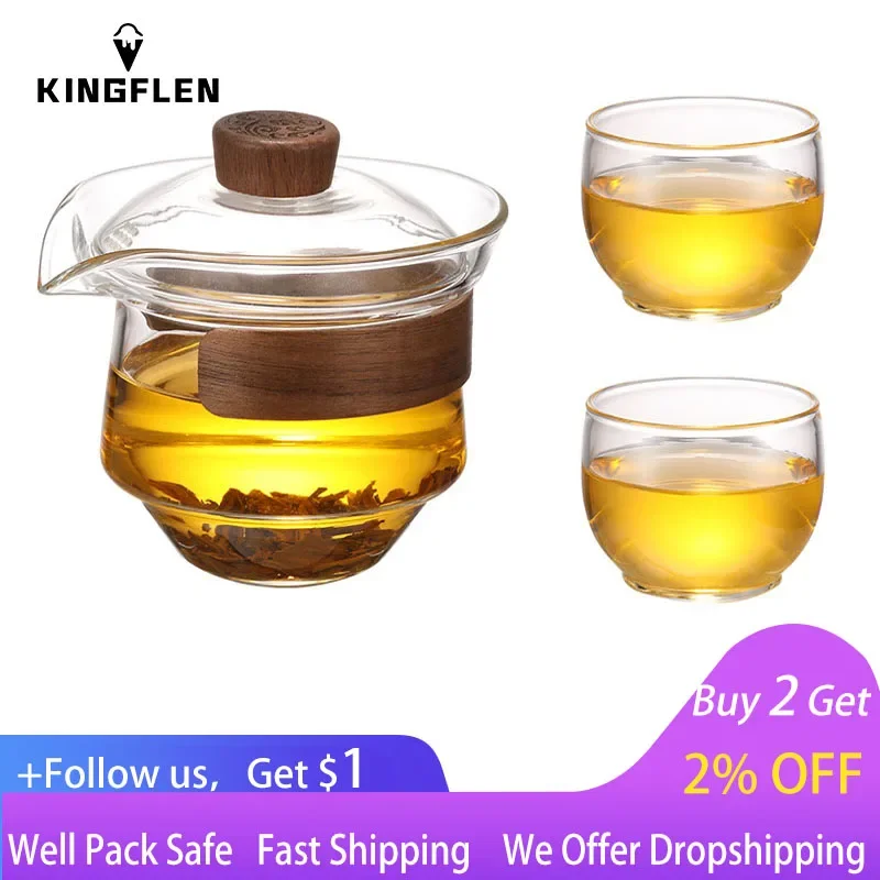 

High Boron Silicon Glass Gaiwan Cup Cover Wooden Heat Insulation Chinese Tea Bowl Tureen Travel Teaware Sets 200ML