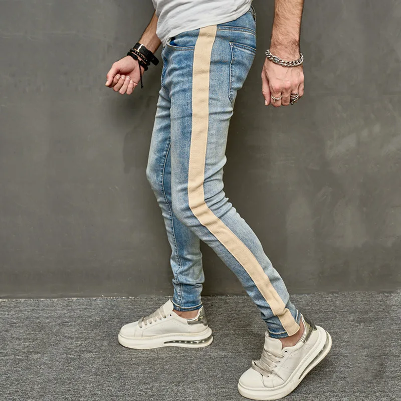 Jeans stretch monocromático masculino, calça jeans, patchwork, pés finos, calça de comprimento total, 2023