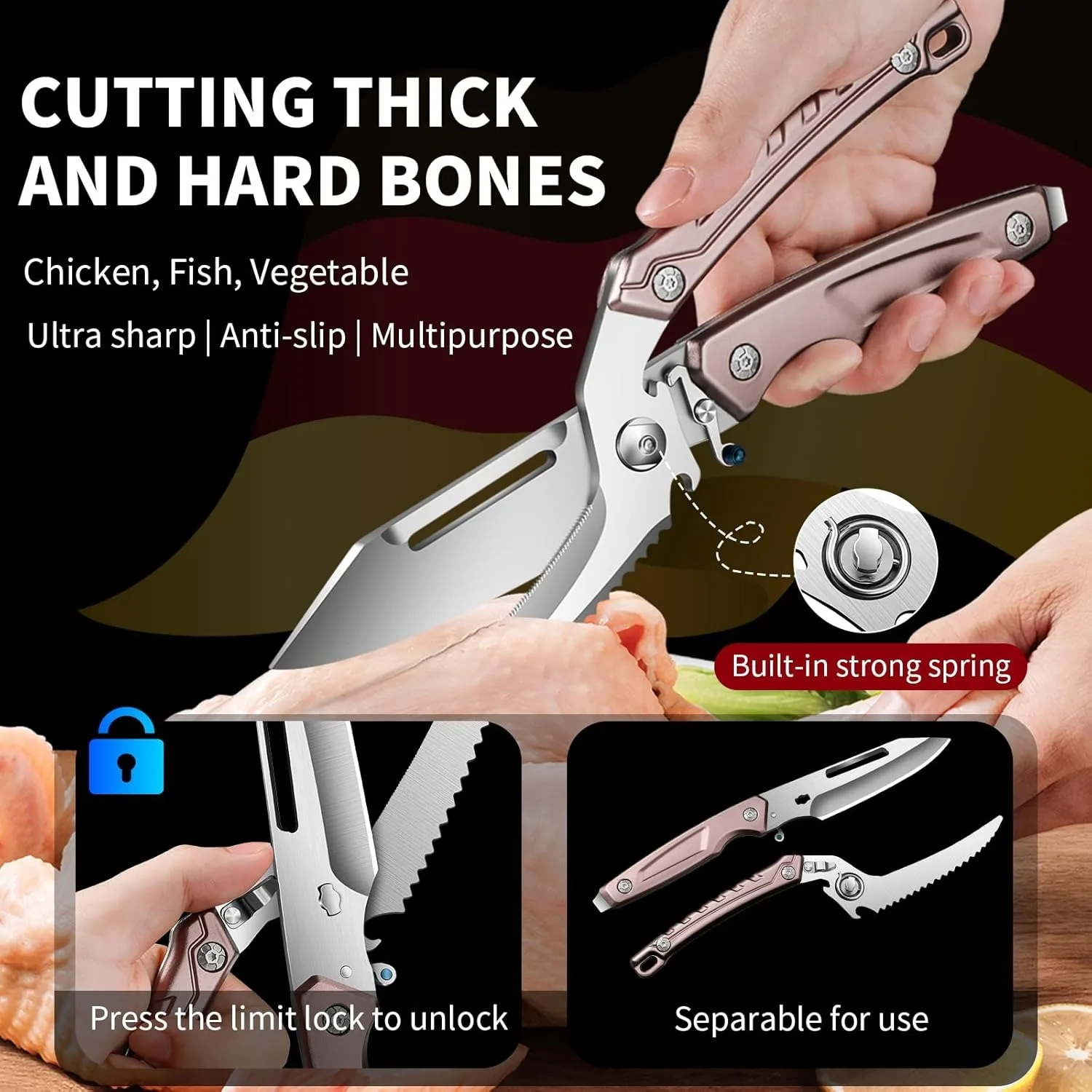 Heavy duty stainless steel kitchen scissors,multifunctional chicken bone scissors,fish duck scissors,professional scissors U9195