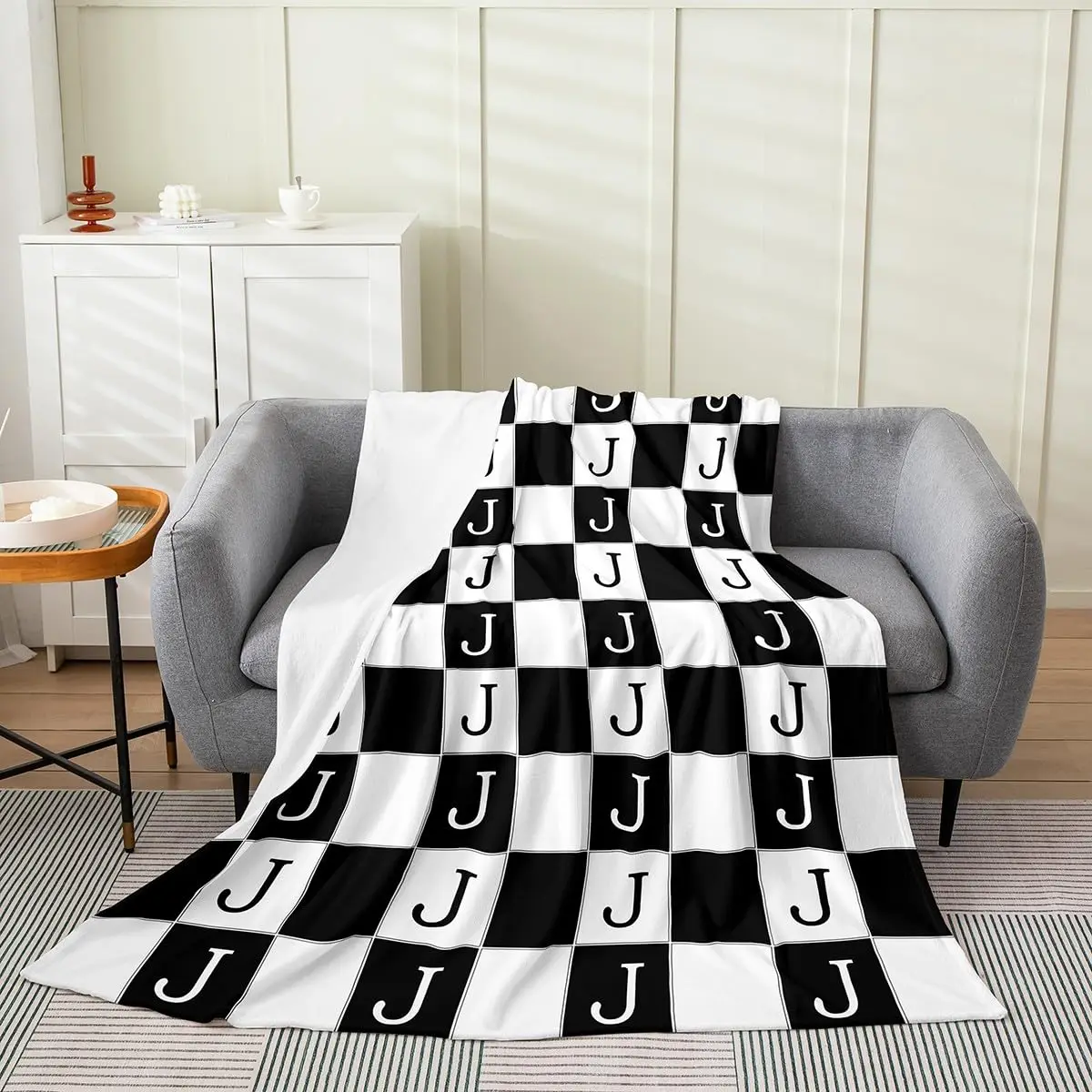 Black White Checkered Fuzzy Plush Throw Plaid Initial Letter Fleece Blanket Monogram Farmhouse Buffalo Grid Flannel Blanket Twin