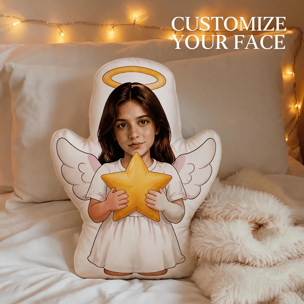 Custom Photo Angel-Shaped Pillow, Personalized Face with Halo Wings & Star Decorative Cushion, Unique Home Decor Accent for Sofa