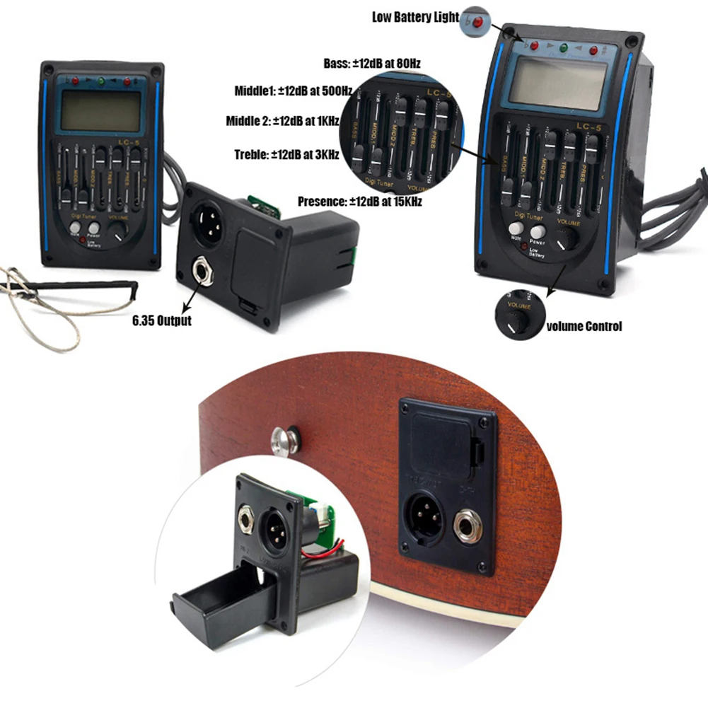 5 الفرقة الصوتية الغيتار Preamp EQ التعادل بيزو لاقط موالف مكبر للصوت LCD هيئة التصنيع العسكري الصوتية الغيتار أجزاء الملحقات