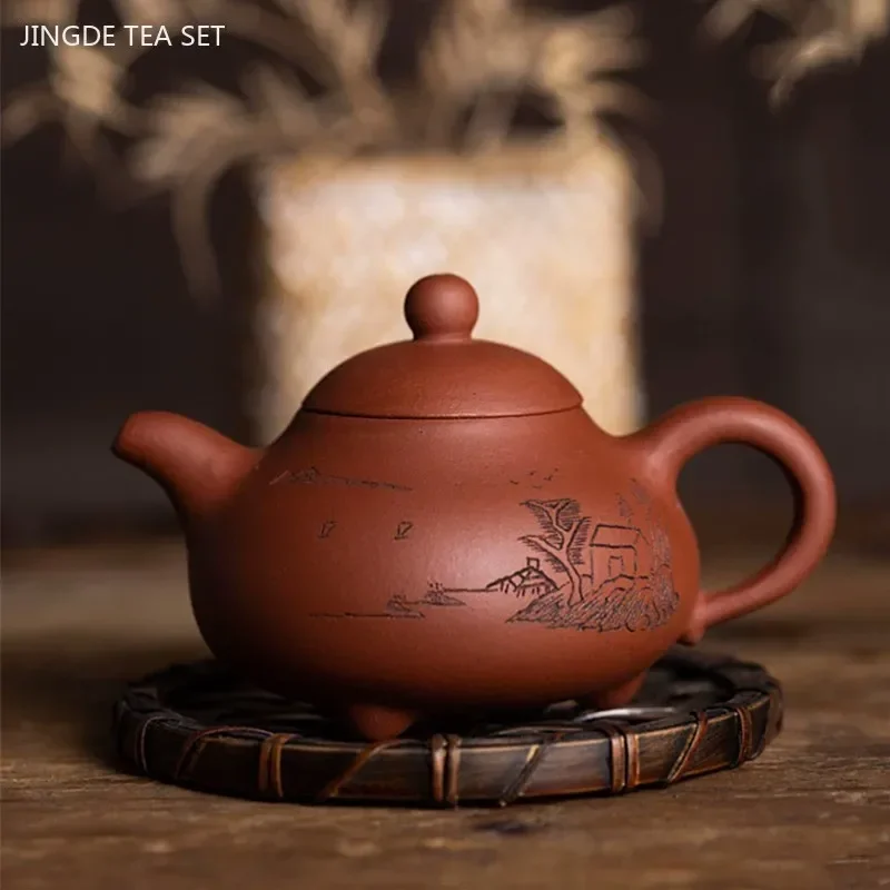 1PCS 140ml small capacity Yixing handmade carved purple clay teapot raw ore red mud jade milk teapot