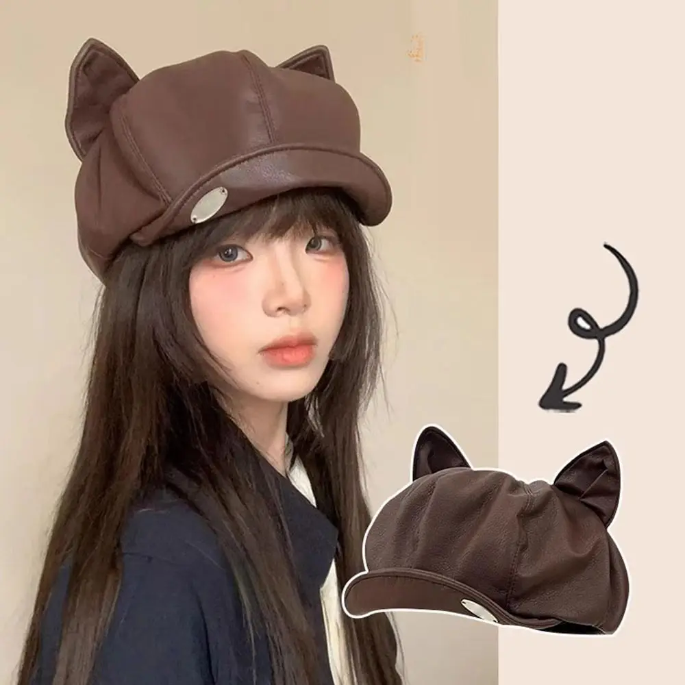 

New Cat Ear Newsboy Hat Solid Color PU Leather Beret Hat Casual Personalized Newsboy Cap Autumn Winter