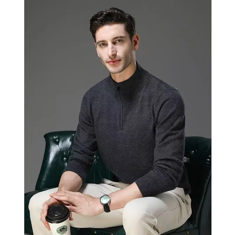 

Autumn And Winter New Men's Wool Padded Flat Half-High-Necked Zipper Pullover Sweater Casual Knitting Bottoming Shirt